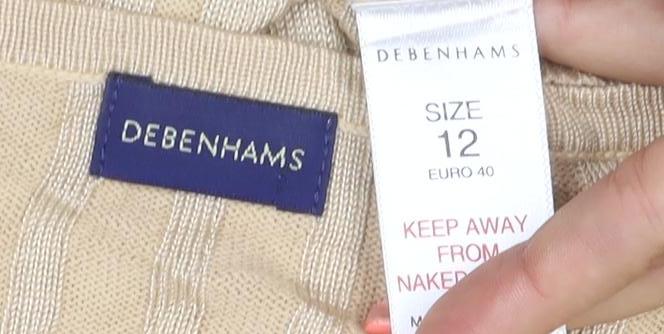 Debenhams Women Beige UK 12 V-Neck Textured Knit 3/4 Sleeve Top