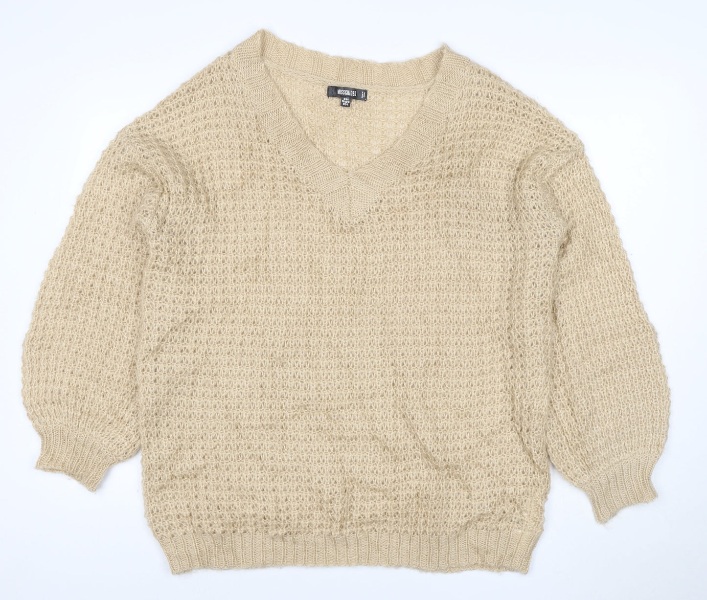 Missguided Women Beige XS Open Knit V-Neck Balloon Sleeve Jumper
