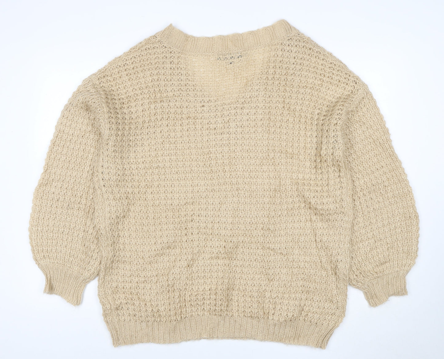 Missguided Women Beige XS Open Knit V-Neck Balloon Sleeve Jumper