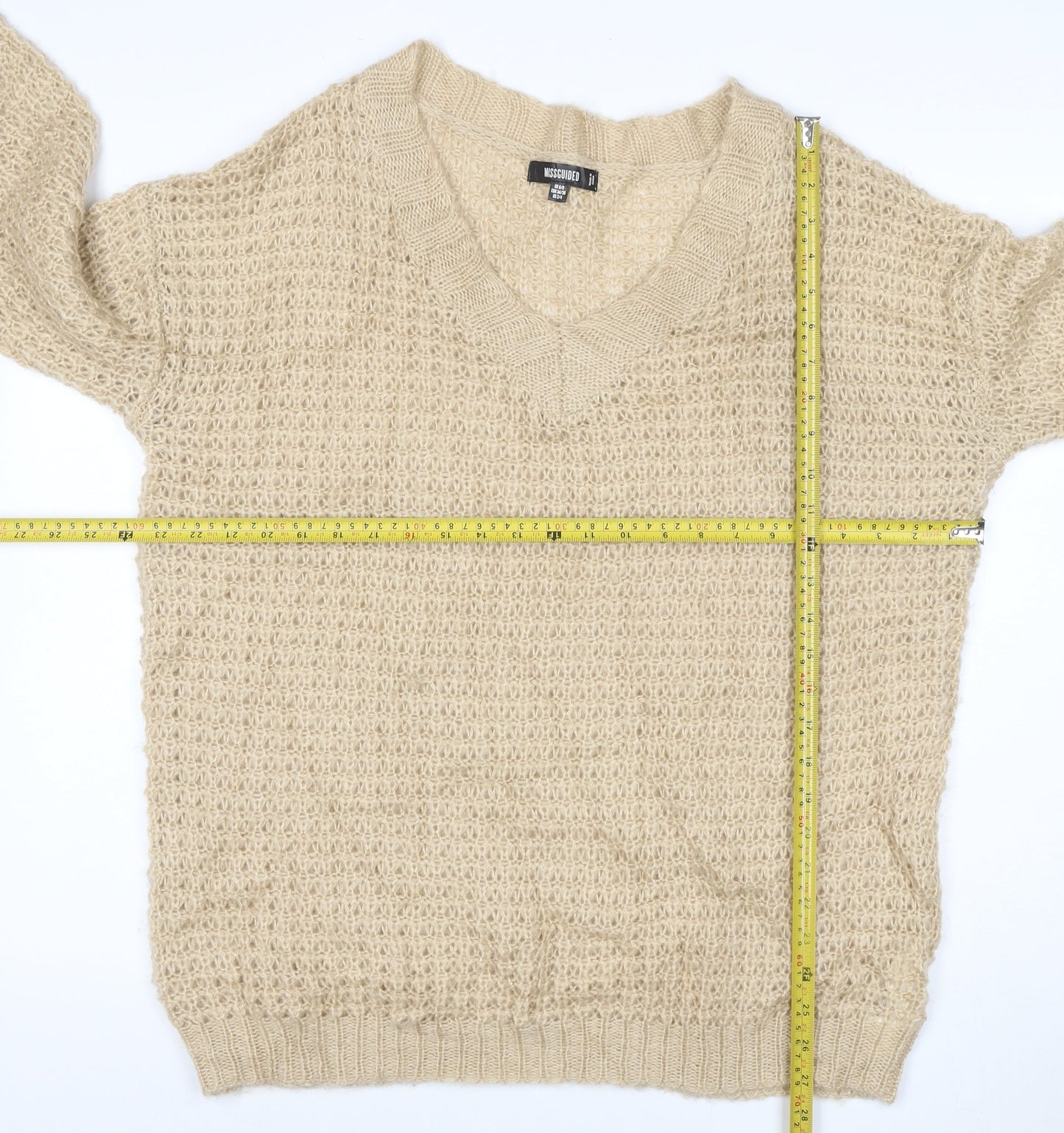 Missguided Women Beige XS Open Knit V-Neck Balloon Sleeve Jumper