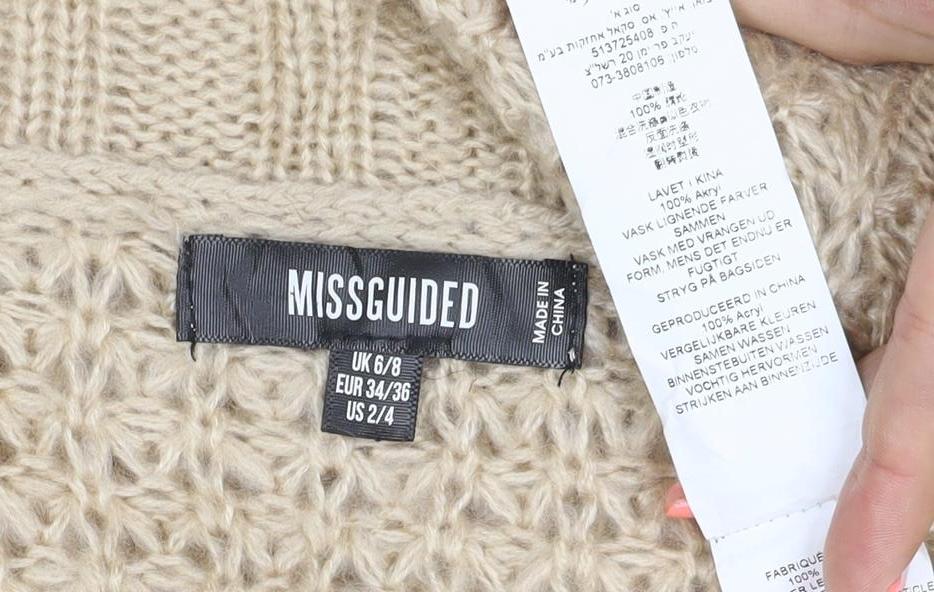 Missguided Women Beige XS Open Knit V-Neck Balloon Sleeve Jumper