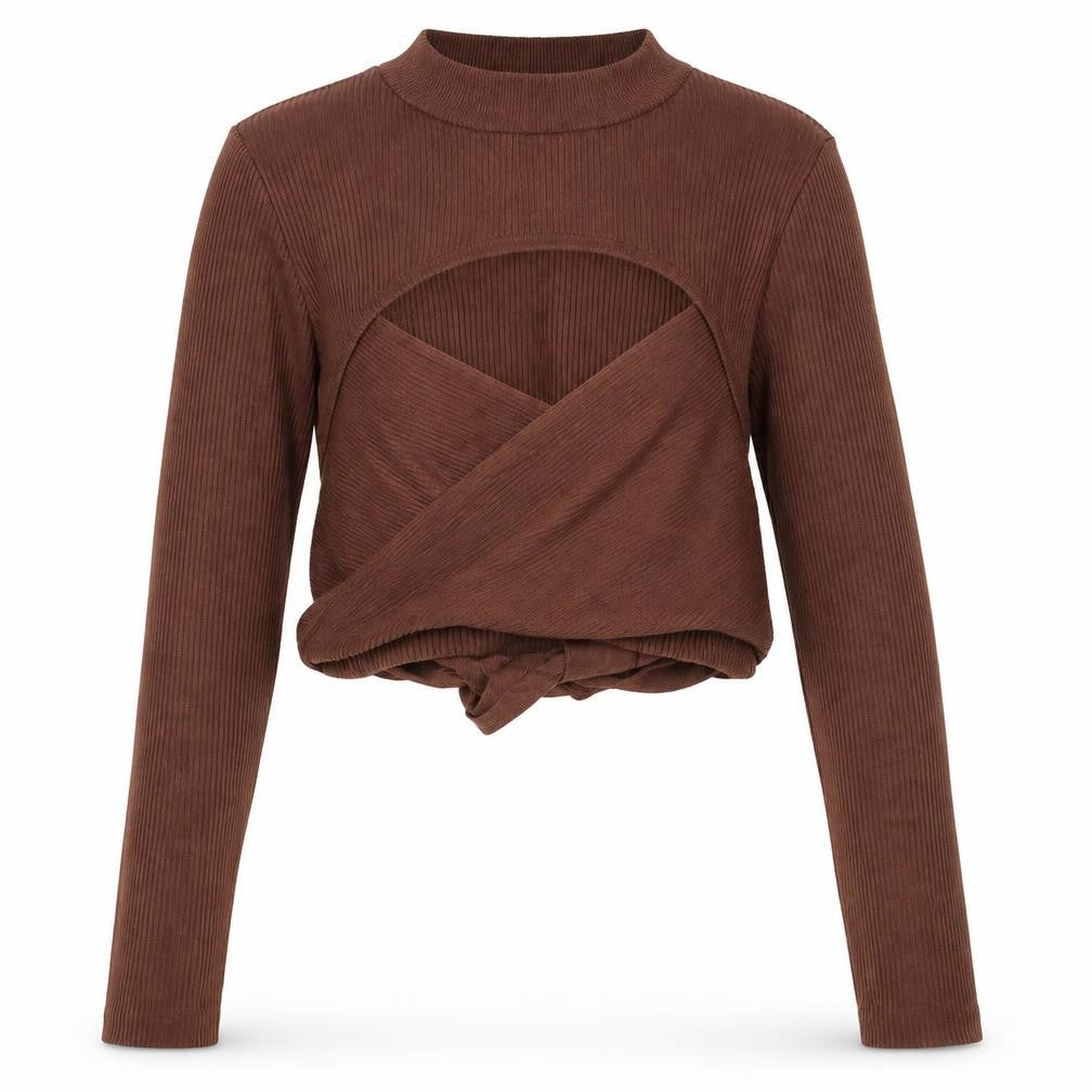 Front view of Missguided Women’s Brown UK 8 Rib Knit Wrap Tie Jumper