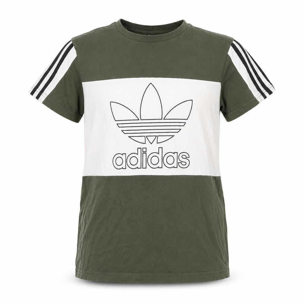 Front view of Adidas boys’ green white 13-14 years logo colourblock jersey t-shirt