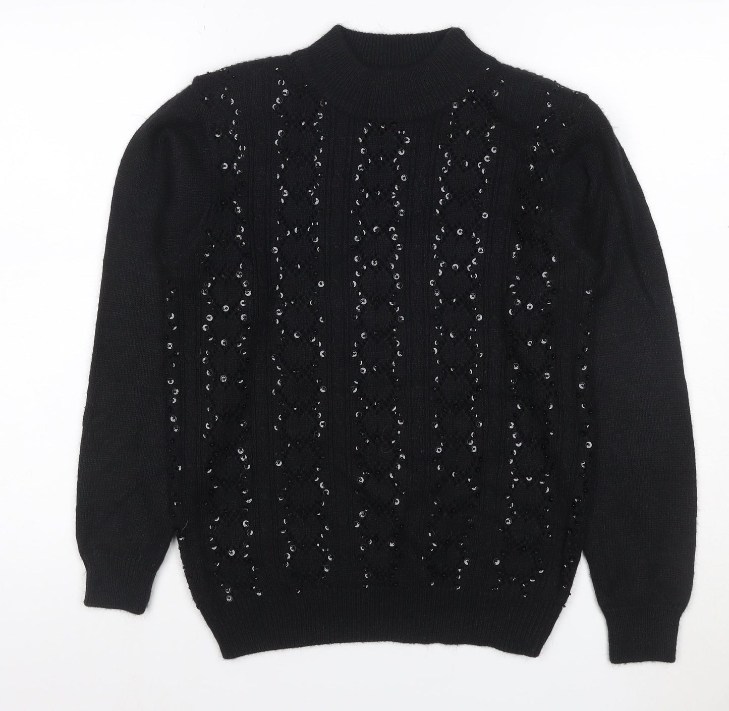 Alfred Dunner Women Black S Petite Sequin Mock Neck Pullover Jumper