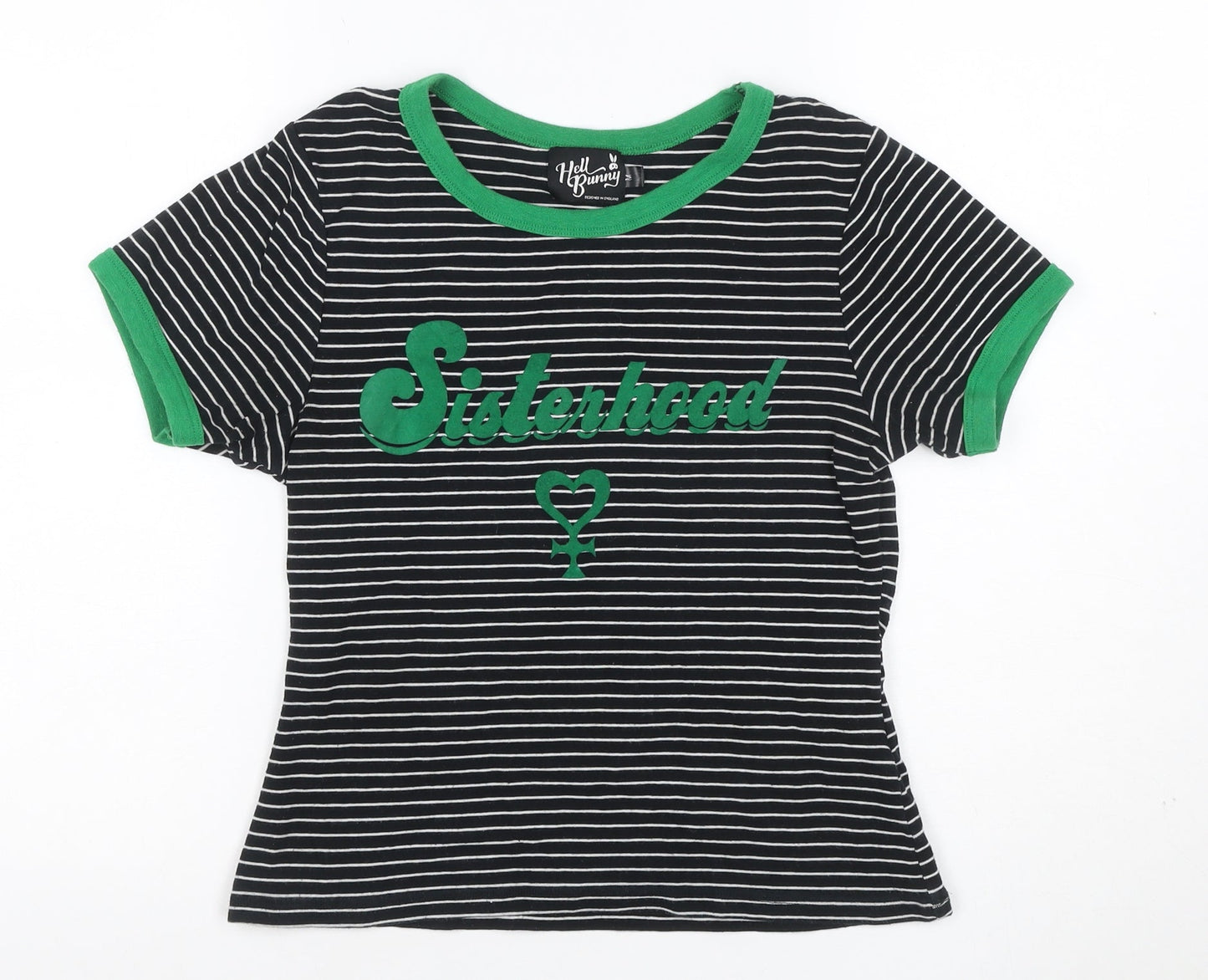 Hell Bunny Women Black Green Striped Sisterhood Ringer T-Shirt Size S