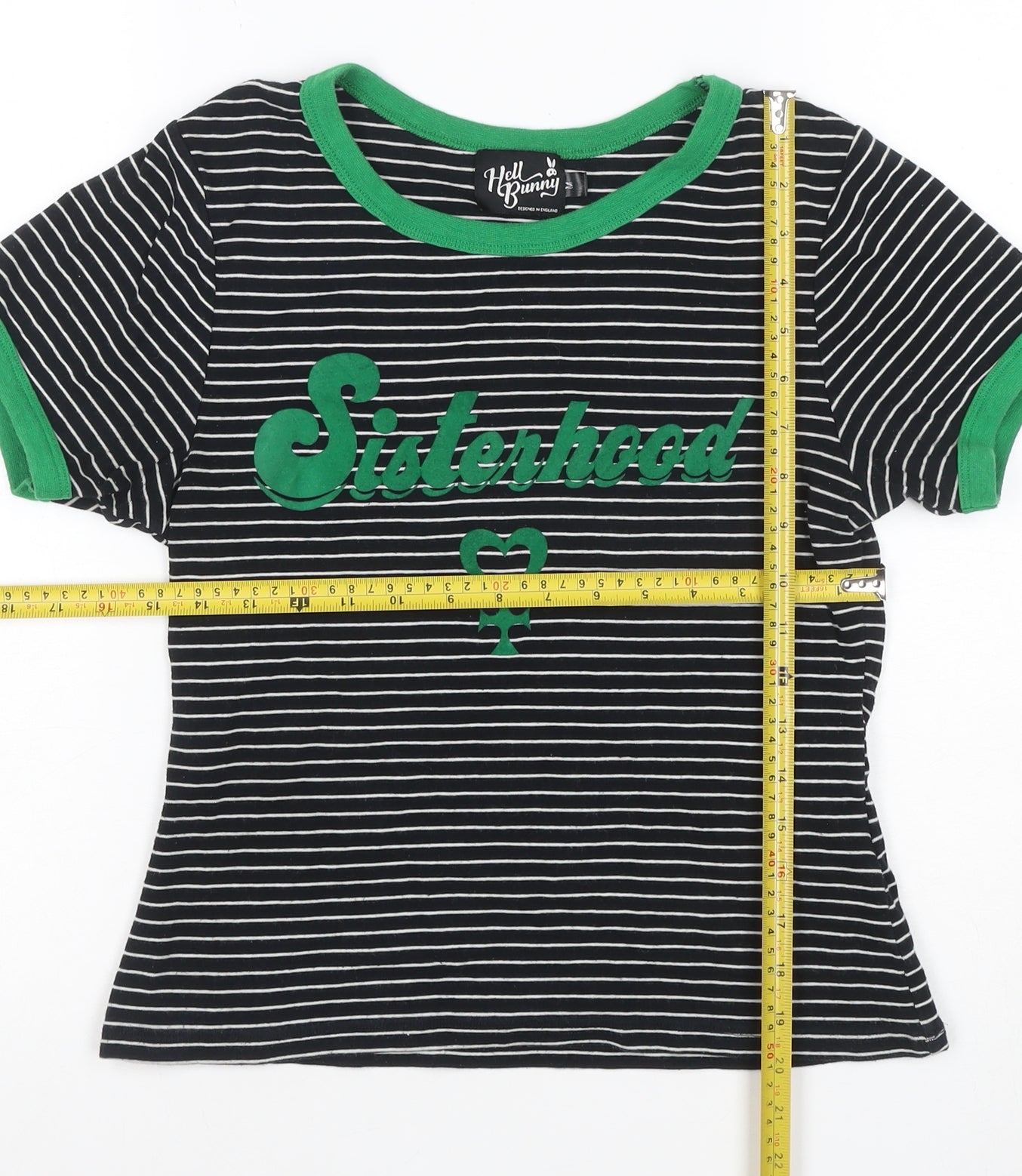 Hell Bunny Women Black Green Striped Sisterhood Ringer T-Shirt Size S