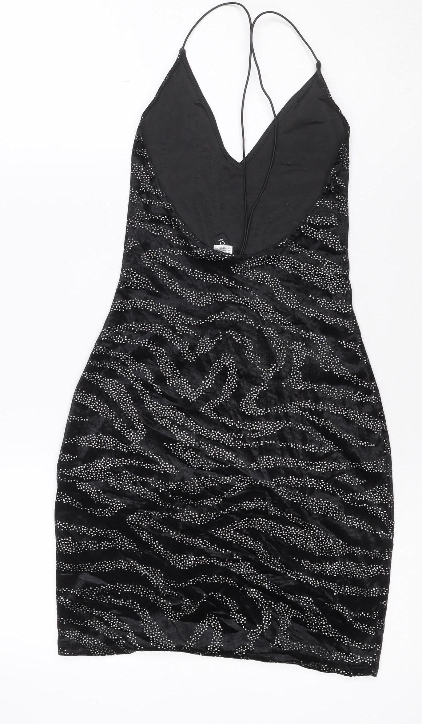 H&M Women Black S Velvet Rhinestone Zebra Halter Bodycon Mini Dress