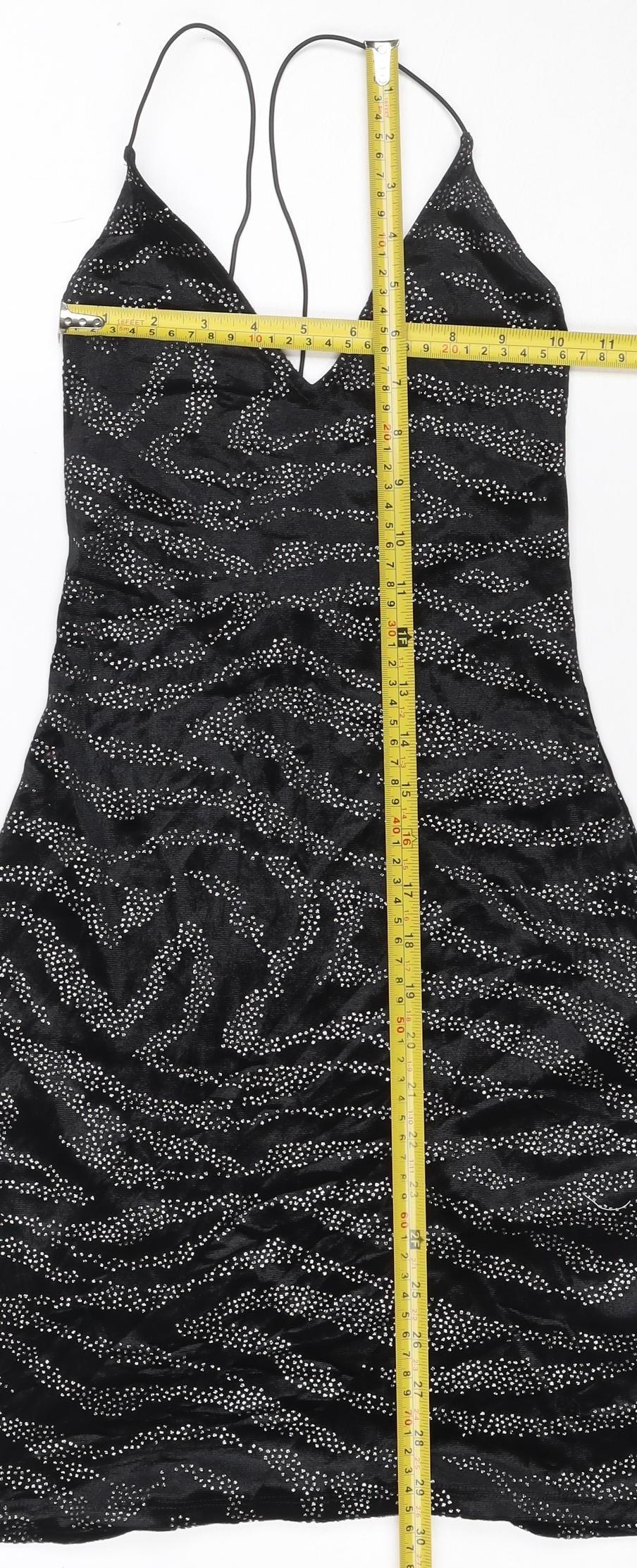 H&M Women Black S Velvet Rhinestone Zebra Halter Bodycon Mini Dress