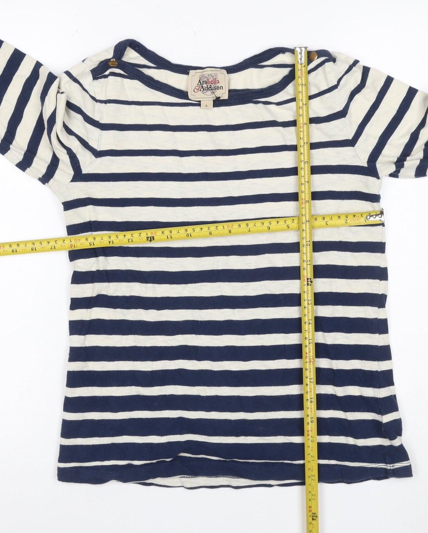 Arabella & Addison Women’s Blue Ivory L Striped Boat Neck 3/4 T-Shirt