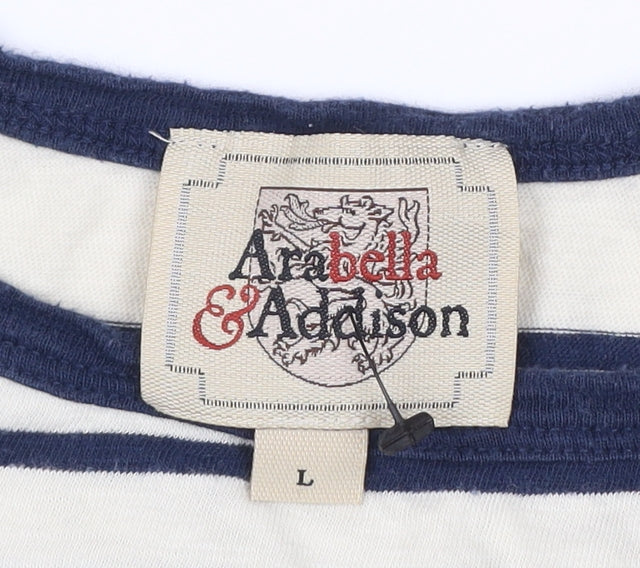 Arabella & Addison Women’s Blue Ivory L Striped Boat Neck 3/4 T-Shirt