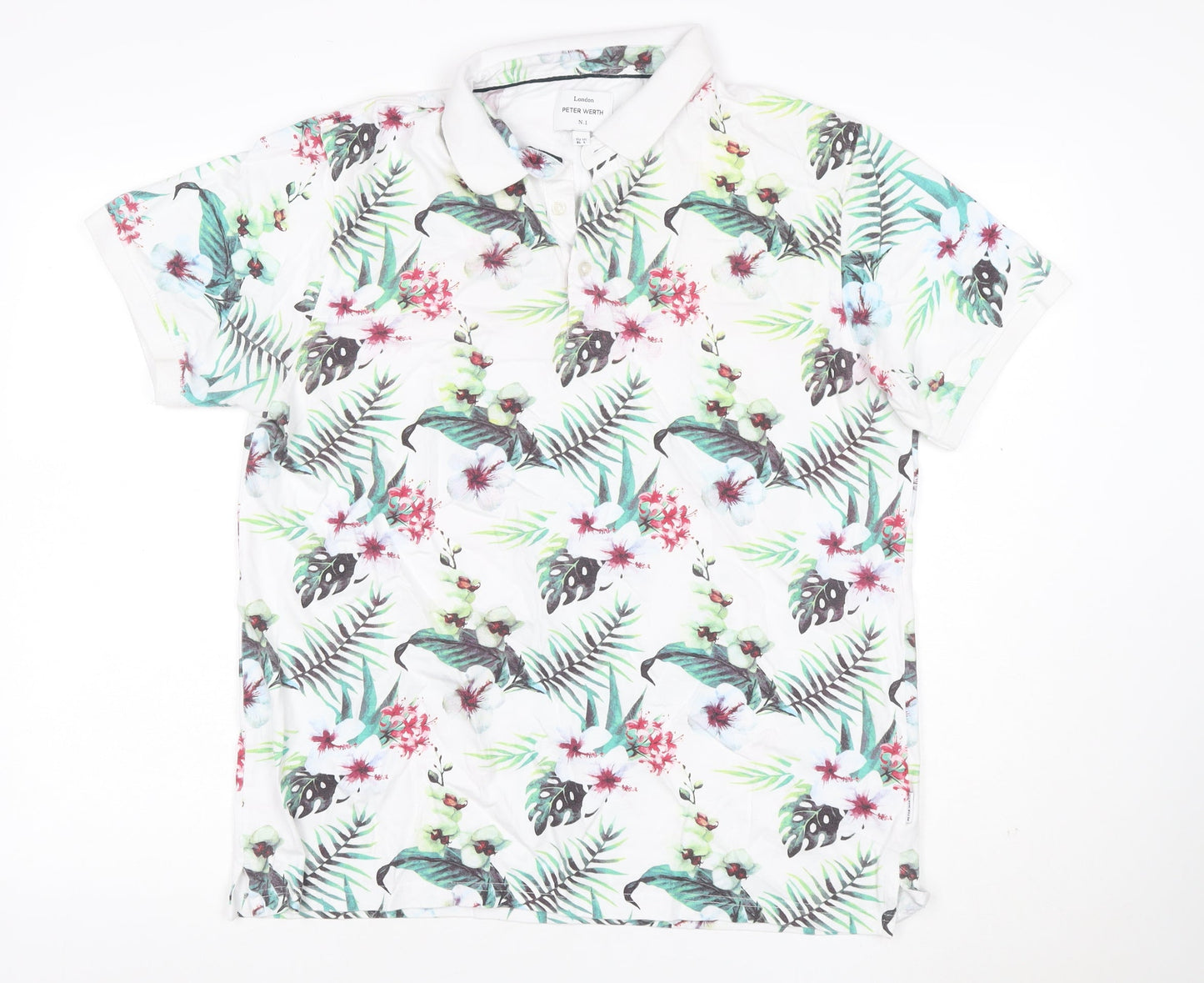 Peter Werth Men’s XL White Tropical Floral Cotton Short Sleeve Polo