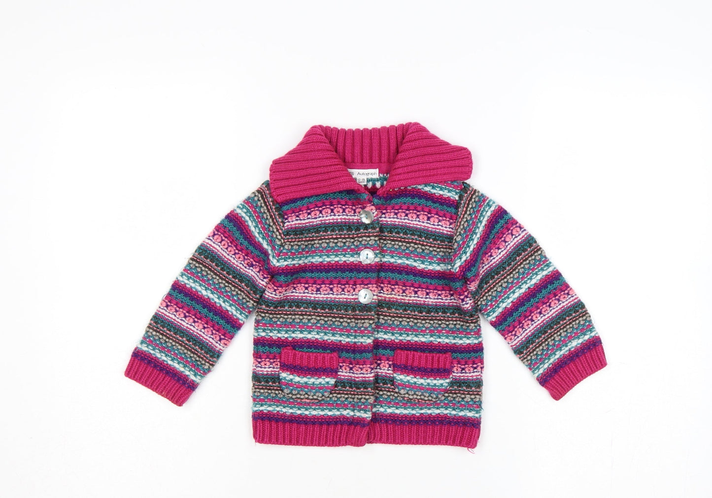 Marks and Spencer Girls Pink Fair Isle Knit Cardigan 12-18 Months