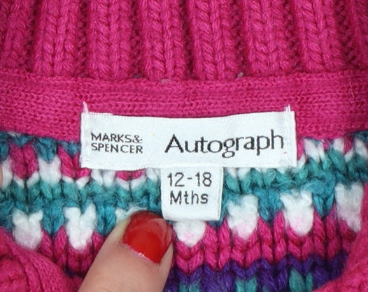 Marks and Spencer Girls Pink Fair Isle Knit Cardigan 12-18 Months