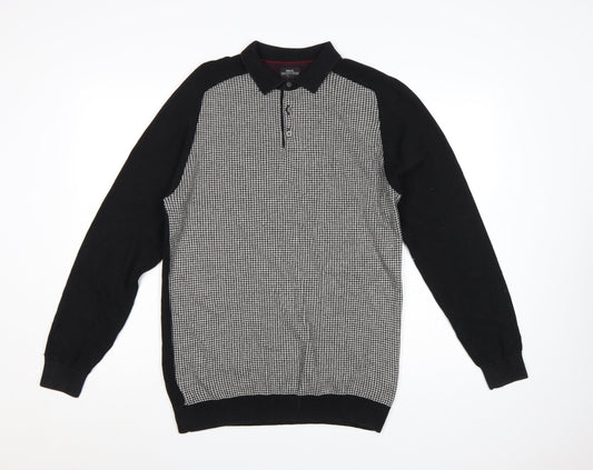 Next Men's Black Large Houndstooth Collared Henley Cotton Knit Jumper