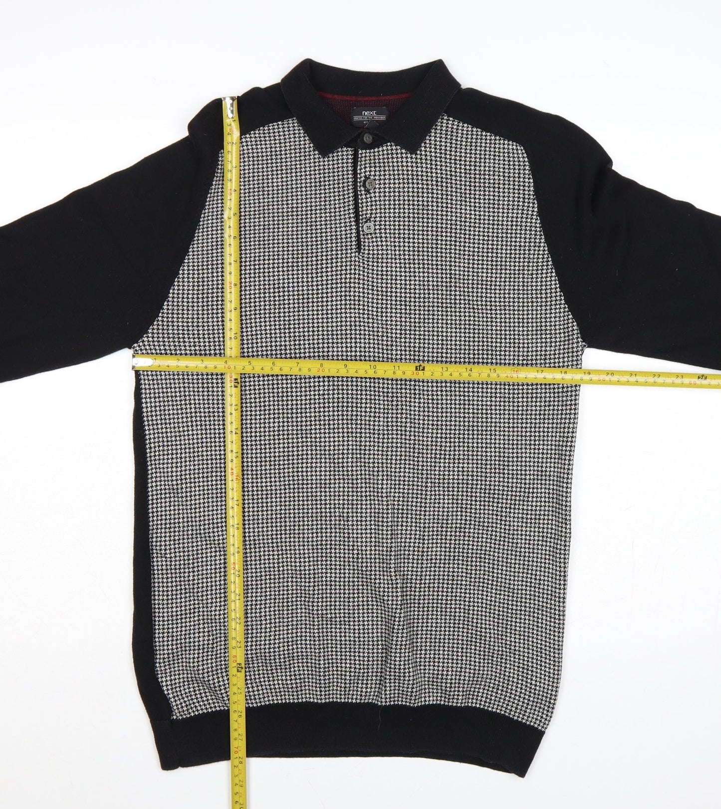 Next Men's Black Large Houndstooth Collared Henley Cotton Knit Jumper