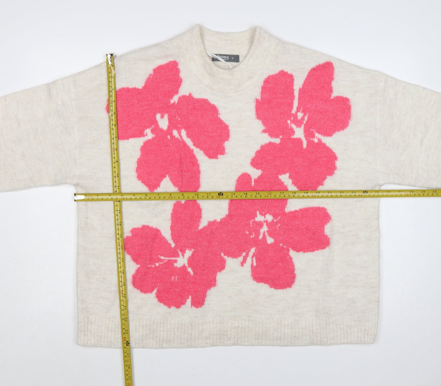 Nutmeg Women Beige Pink Floral Knit High Neck Jumper UK 18