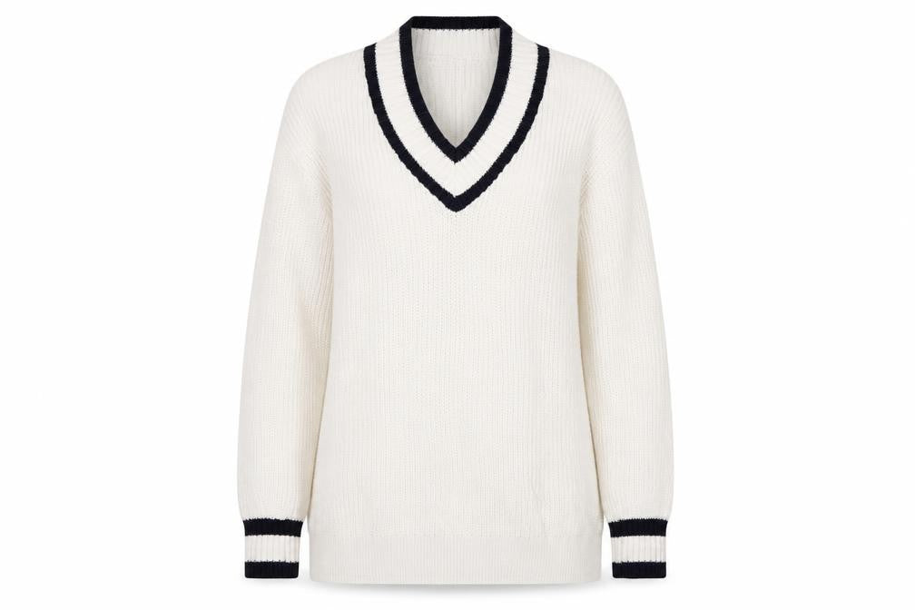 Marks & Spencer Womens Ivory Navy V-Neck Stripe Trim Cotton Knit Jumper UK 12
