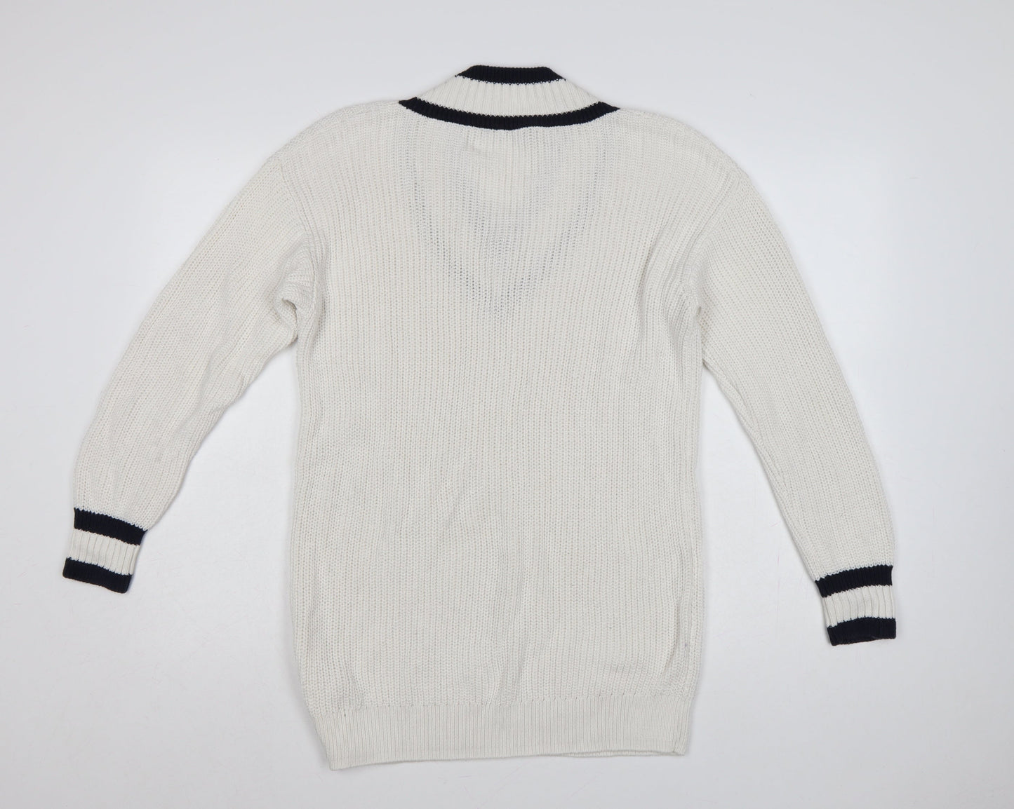 M&S Womens Ivory Navy V-Neck Stripe Trim Cotton Knit Jumper UK 12