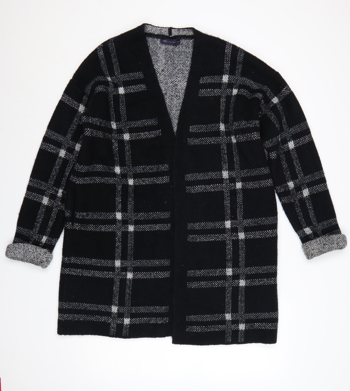 Marks & Spencer Women Black Grey Plaid Open Cardigan UK 16 L Knit