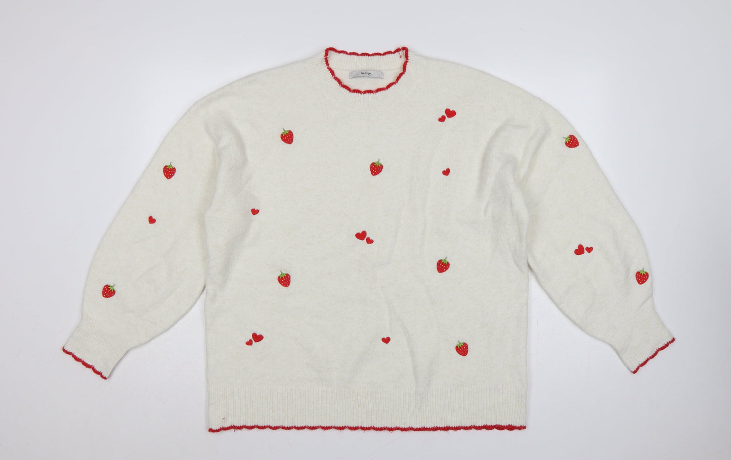 George Women’s Ivory Strawberry Heart Embroidered Knit Jumper UK 16