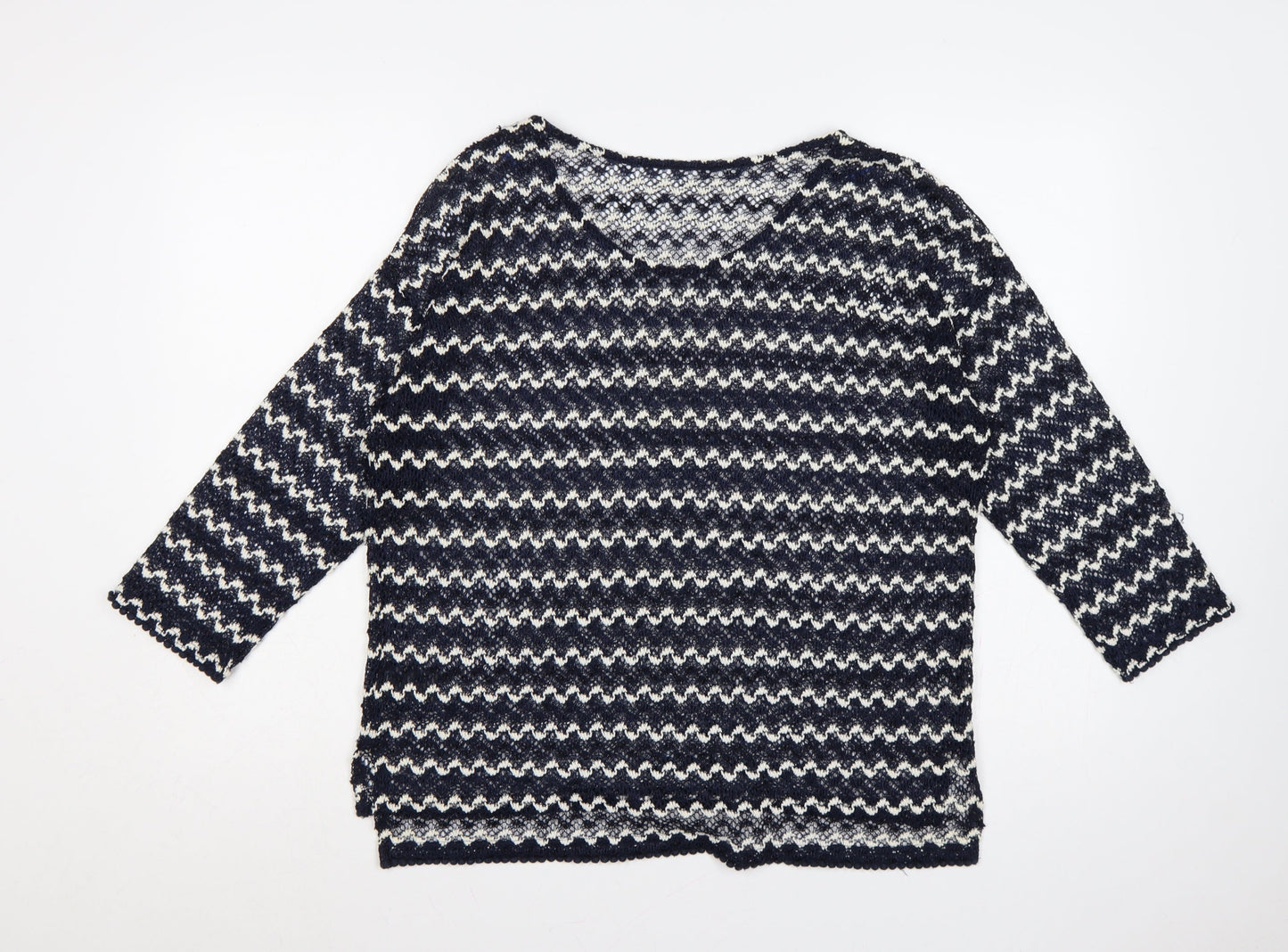 Next Women Blue Ivory Striped Open-Knit Boat Neck Jumper UK 14