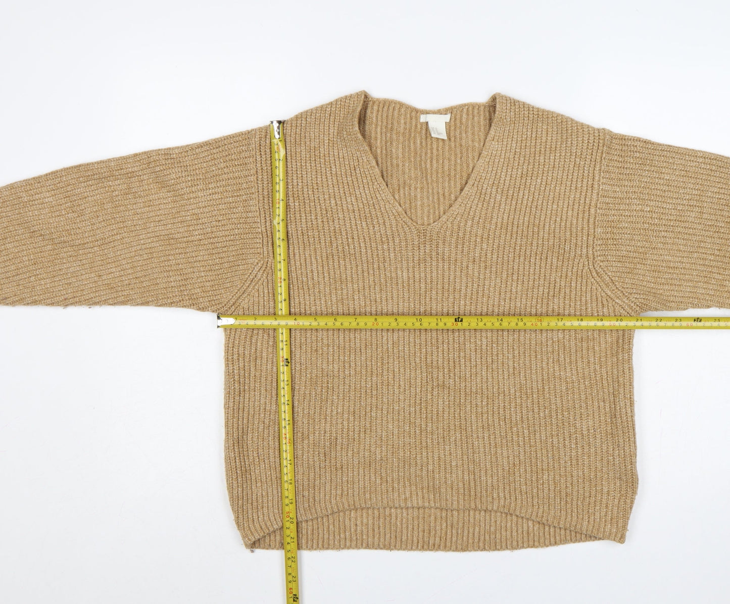 H&M Women’s Beige XS Chunky Rib Knit V-Neck Pullover Jumper