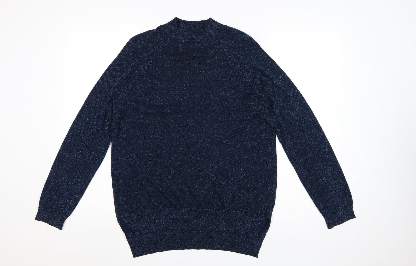 F&F Women’s Blue Glitter Knit Mock Neck Jumper UK 14 Long Sleeve