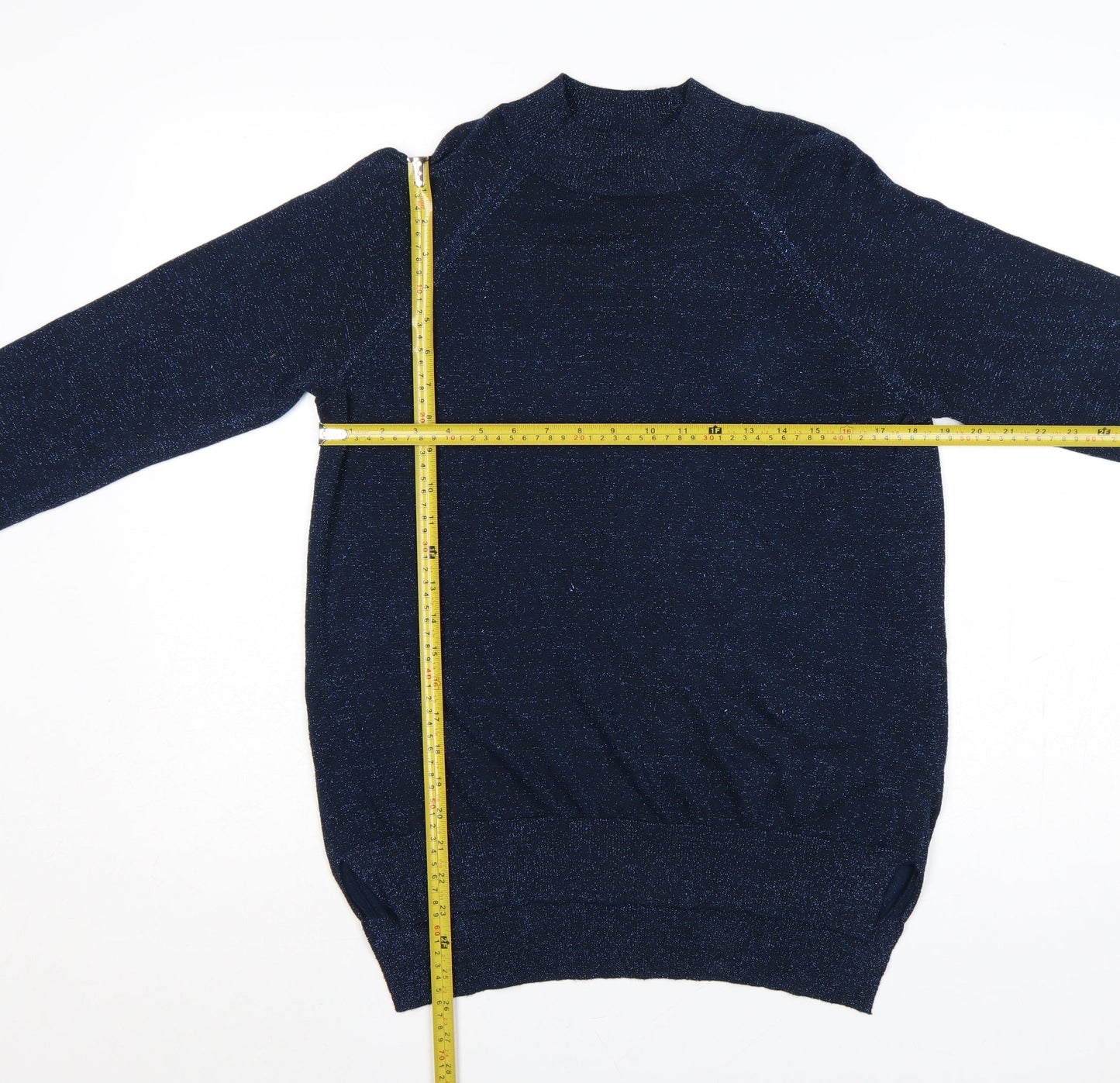 F&F Women’s Blue Glitter Knit Mock Neck Jumper UK 14 Long Sleeve