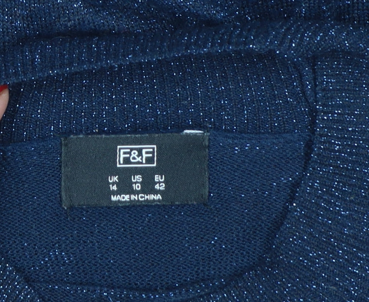 F&F Women’s Blue Glitter Knit Mock Neck Jumper UK 14 Long Sleeve