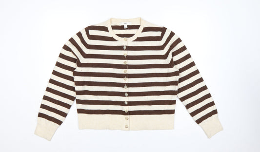Marks & Spencer Women's Brown Ivory L Striped Button Knit Cardigan