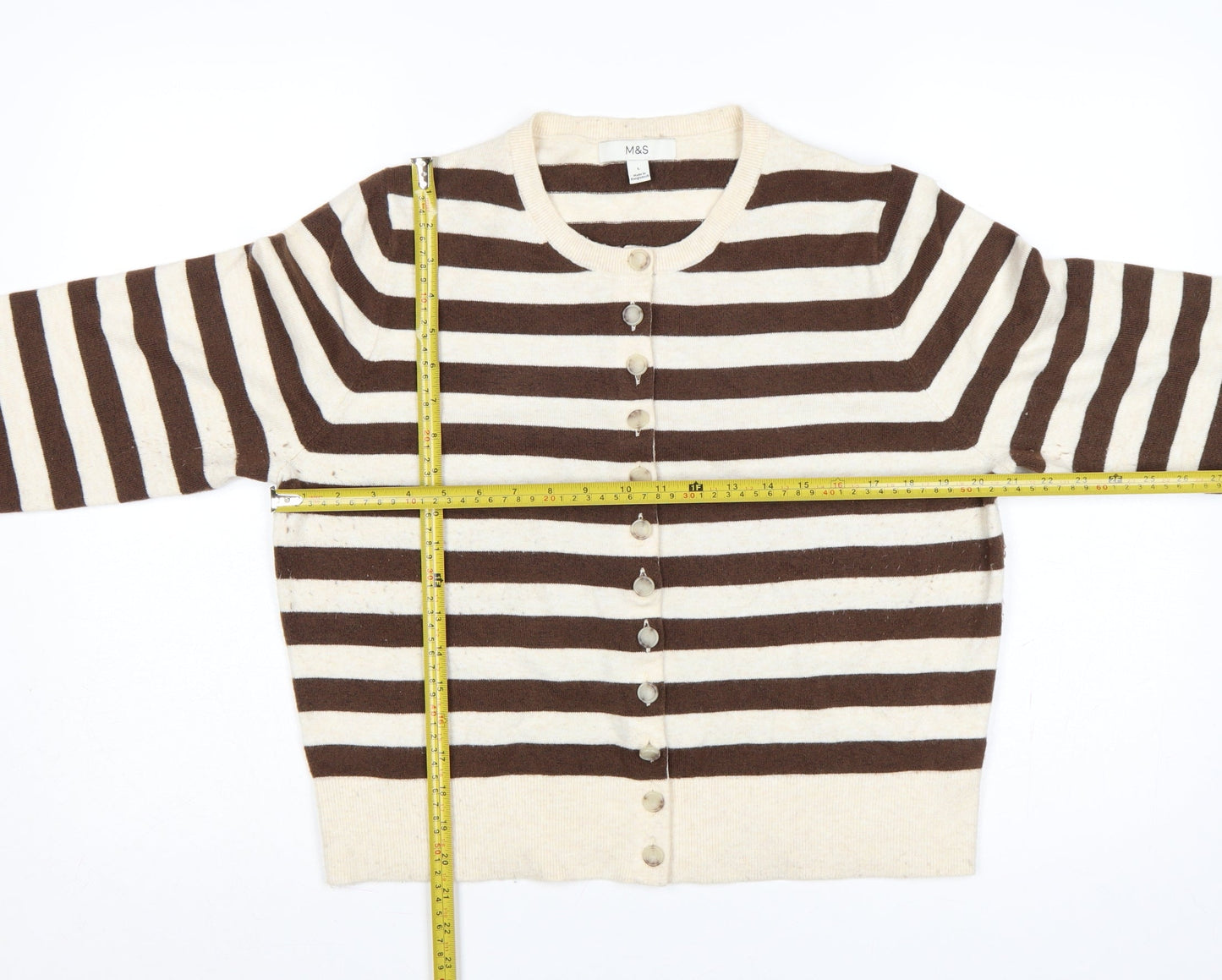 Marks & Spencer Women's Brown Ivory L Striped Button Knit Cardigan