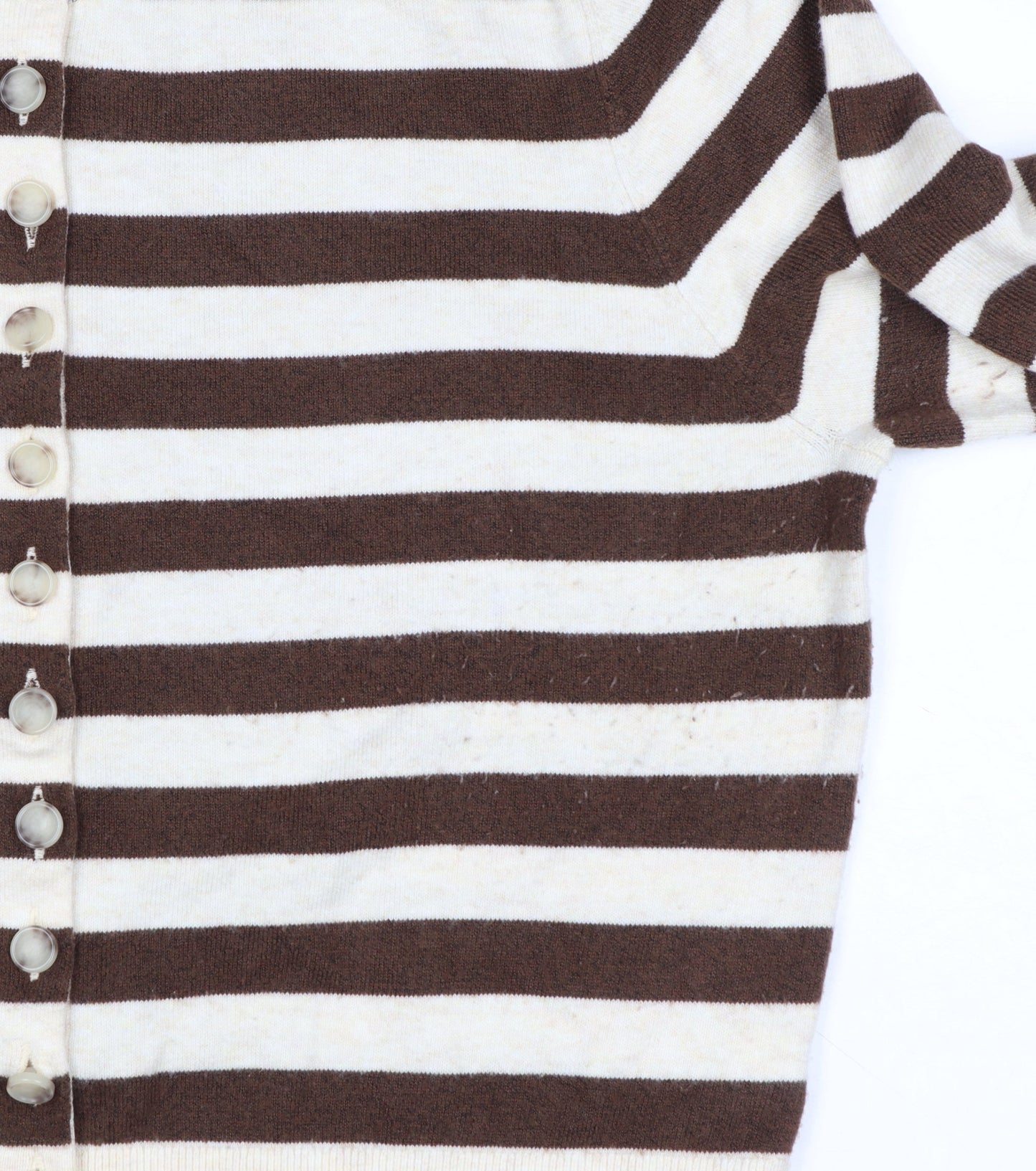 Marks & Spencer Women's Brown Ivory L Striped Button Knit Cardigan