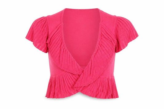 Front view of Papaya Women’s Pink, size UK 8, Open Ruffle Short Sleeve Cardigan