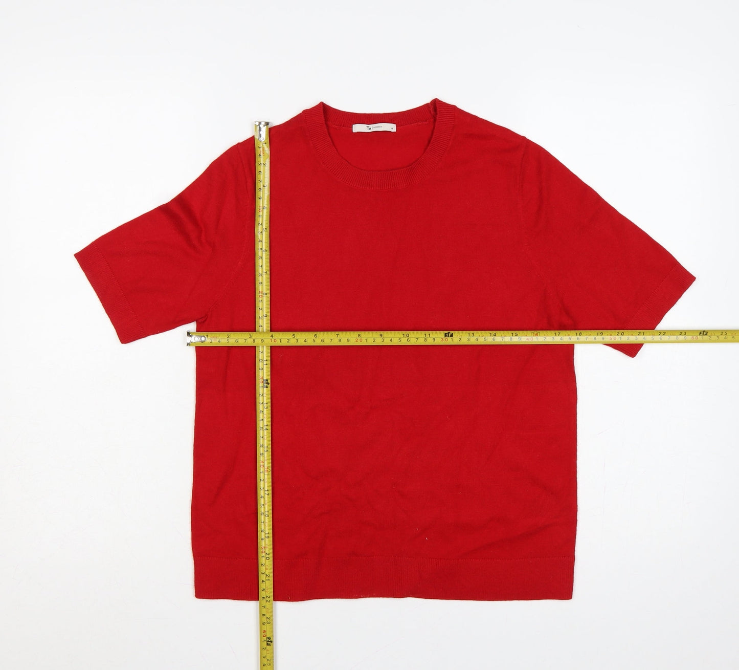 Tu Women Red Size 14 Short Sleeve Crew Neck Fine Knit Jumper