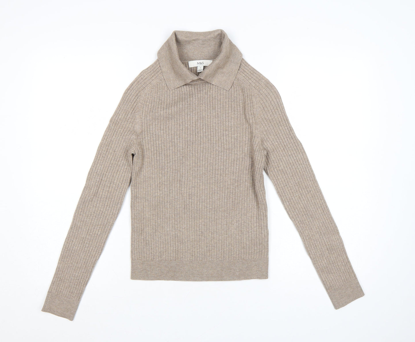 Marks and Spencer Women Beige S Ribbed Roll Neck Knit Jumper