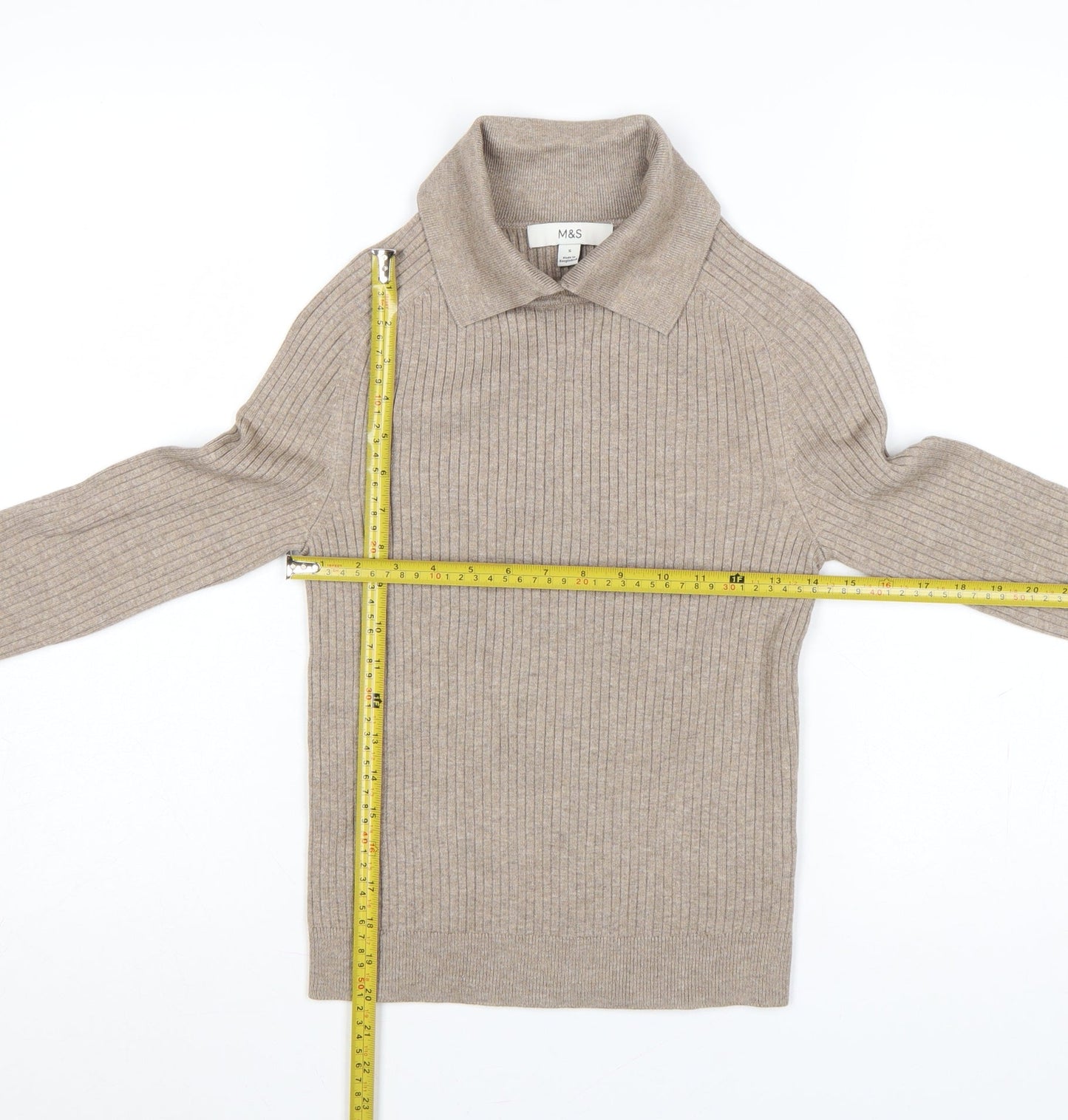 Marks and Spencer Women Beige S Ribbed Roll Neck Knit Jumper