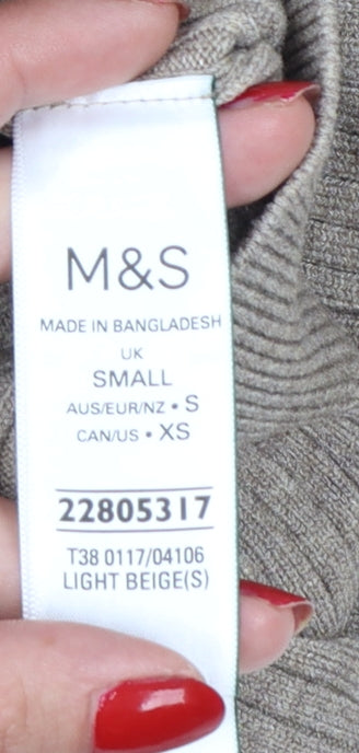 Marks and Spencer Women Beige S Ribbed Roll Neck Knit Jumper
