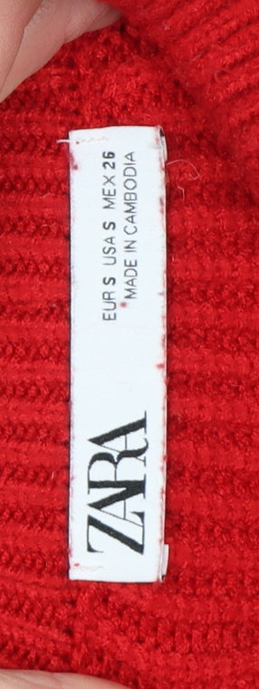 Zara Women Red S Ribbed Knit High Rise Mini Pencil Skirt