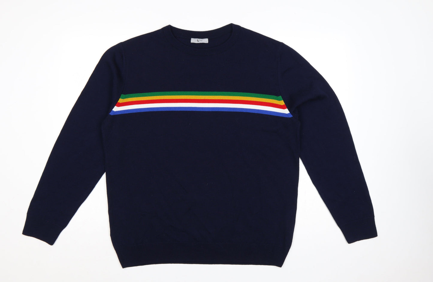Tu Man Men's Blue L Rainbow Stripe Crew Neck Acrylic Jumper