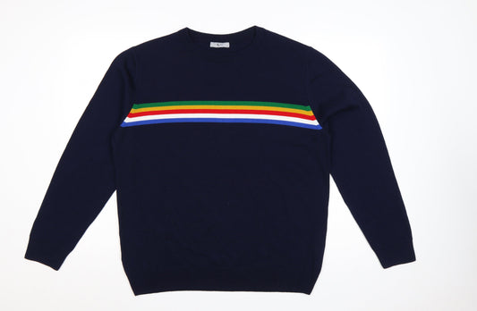 Tu Man Men's Blue L Rainbow Stripe Crew Neck Acrylic Jumper