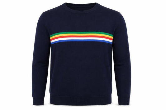 Tu Man Men's Blue L Rainbow Stripe Crew Neck Acrylic Jumper