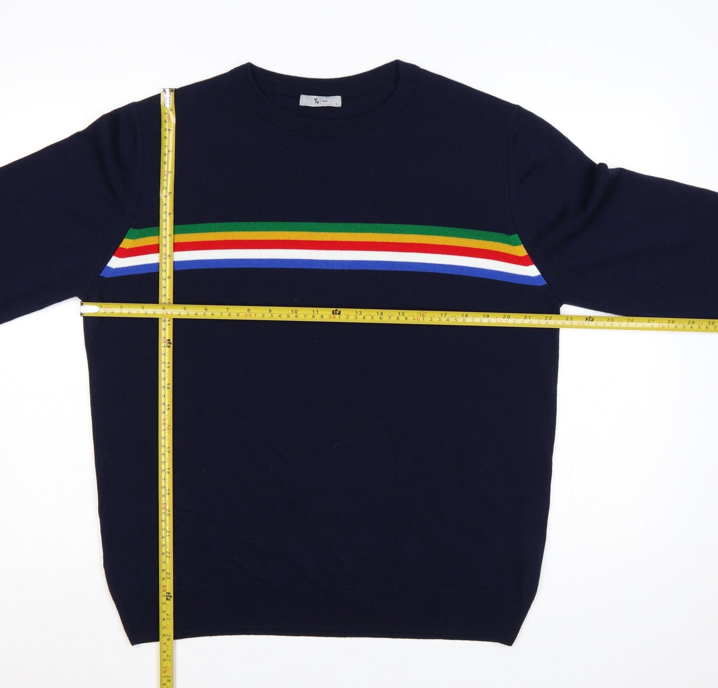 Tu Man Men's Blue L Rainbow Stripe Crew Neck Acrylic Jumper