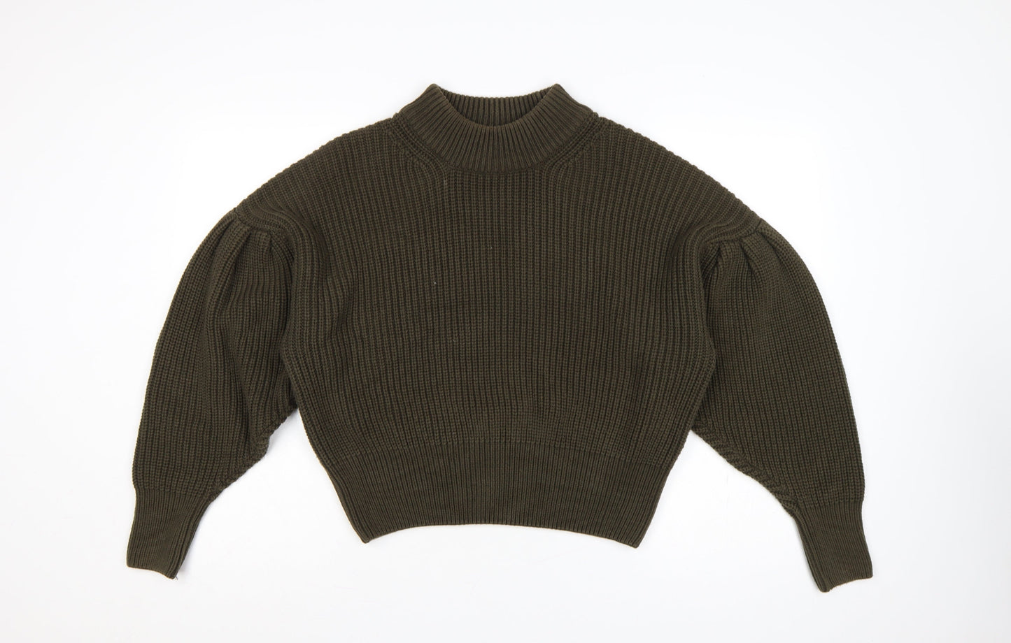 H&M Women Brown M Rib Knit High Neck Balloon Sleeve Jumper