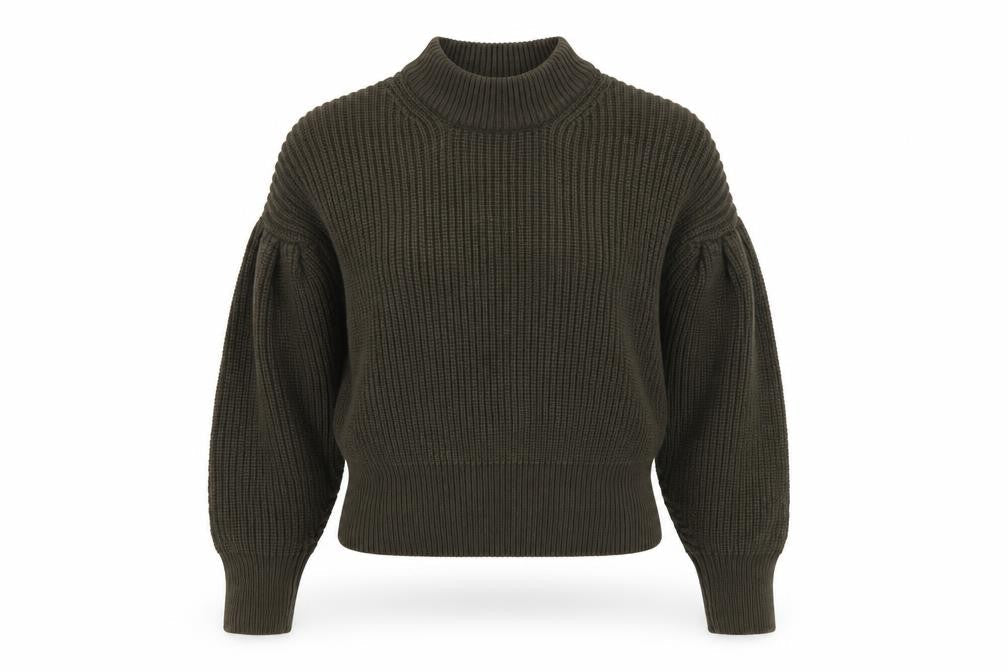 H&M Women Brown M Rib Knit High Neck Balloon Sleeve Jumper
