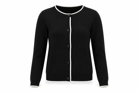 Tu Women’s Black S Fine Knit Contrast Trim Button Cardigan