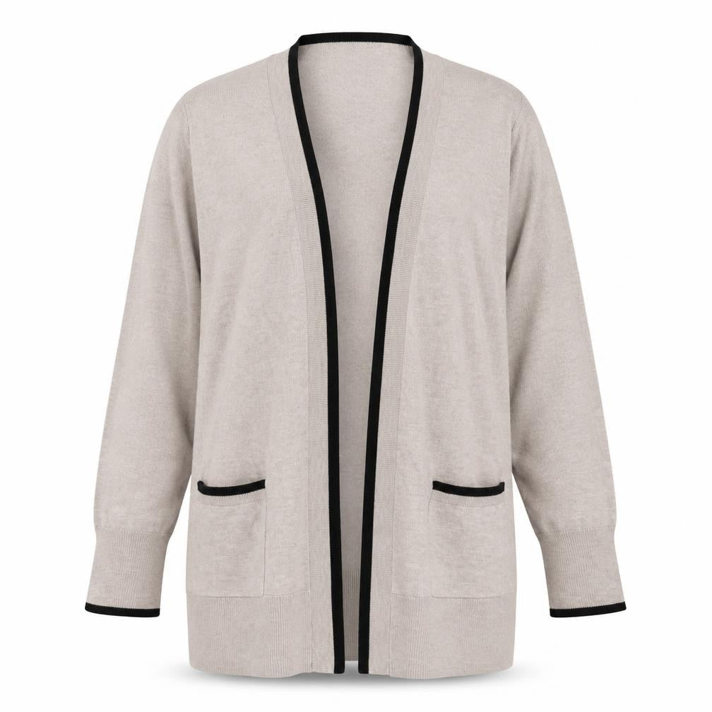F&F Women’s Beige Black Trim Open Cardigan XL Knit Pockets