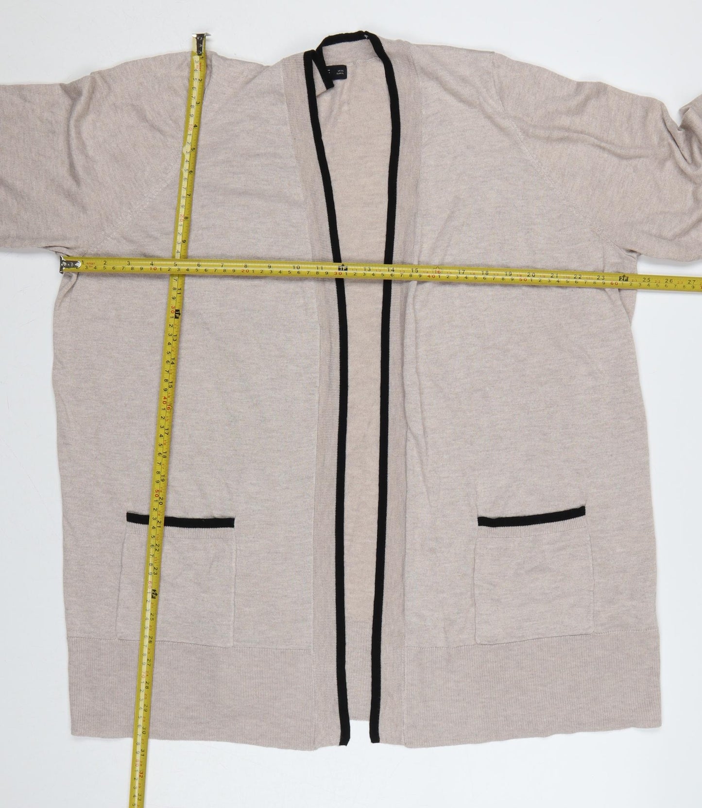 F&F Women’s Beige Black Trim Open Cardigan XL Knit Pockets