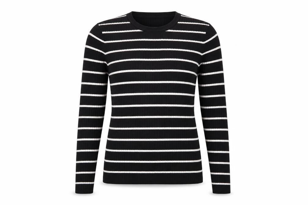 La Redoute Women Black White Striped Rib Knit V-Neck Jumper M
