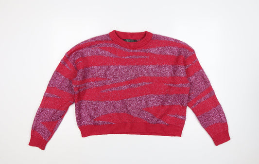 Primark Women Red Glitter Striped Knit Crew Neck Jumper UK 12