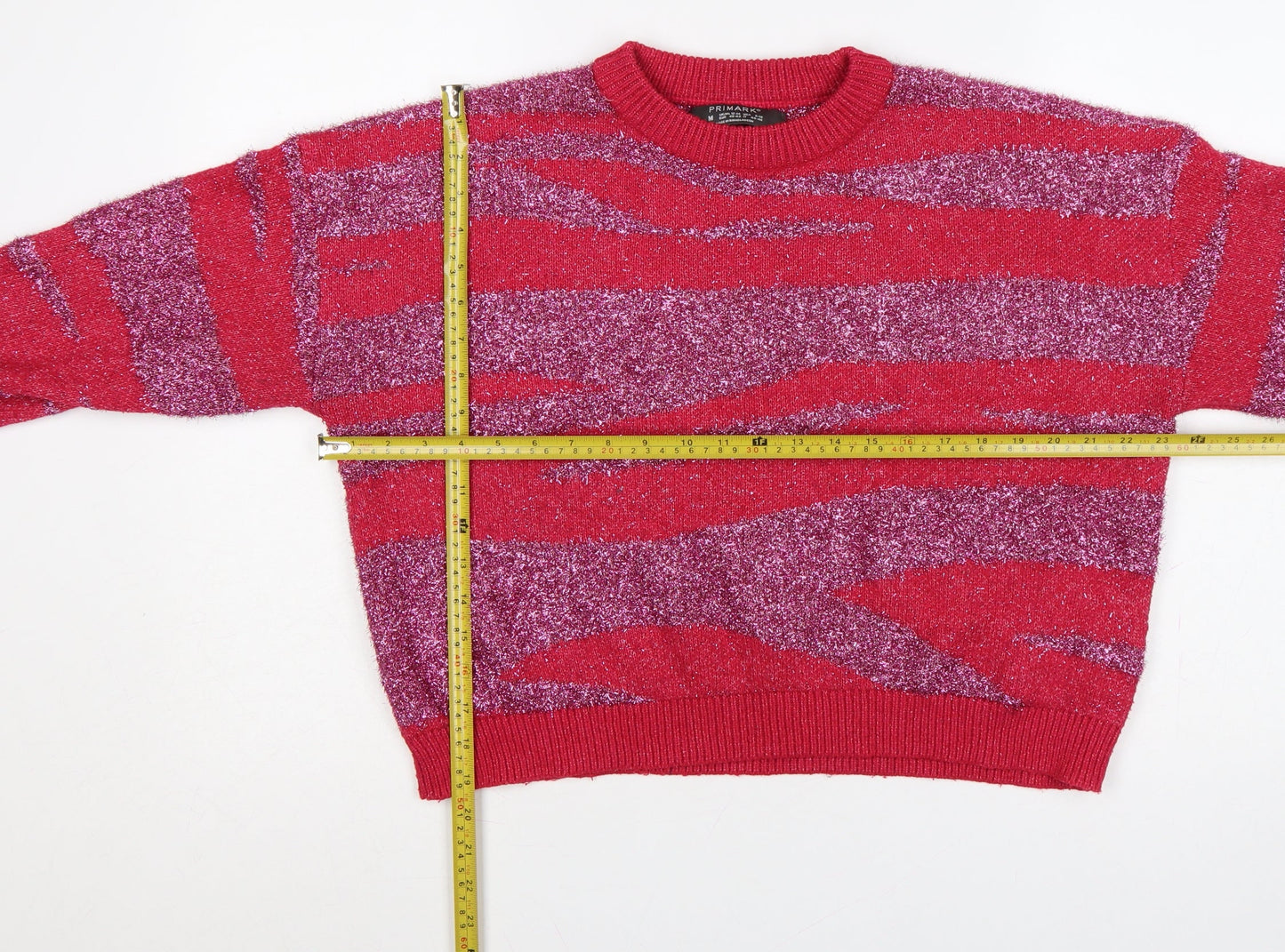 Primark Women Red Glitter Striped Knit Crew Neck Jumper UK 12
